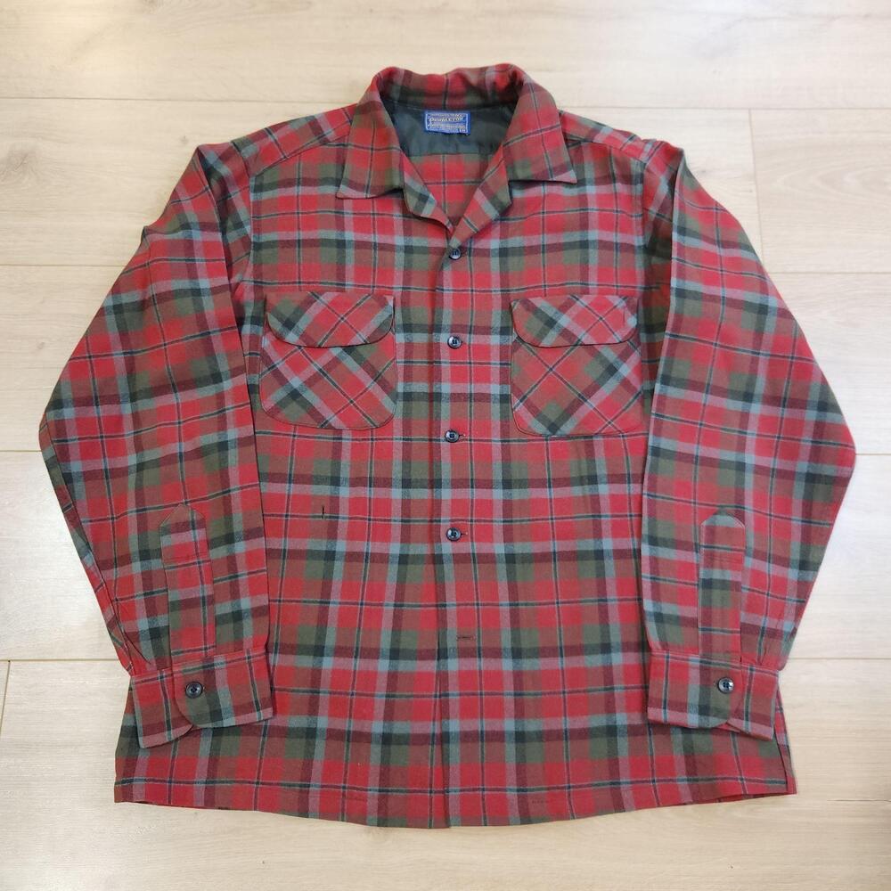 Vintage Pendleton Board Shirt Mens M Red Plaid Wool Loop Collar 60s Flaw